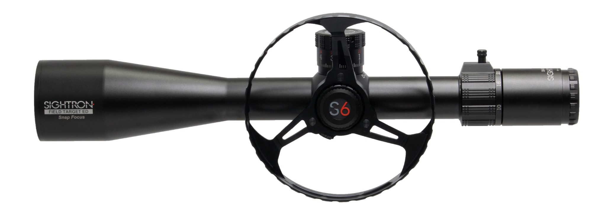 Sightron S6 Snap Focus with parallax wheel, side view Sightron S6 Snap Focus with parallax wheel, side view